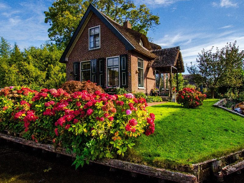 Backsteinhaus mit Reetdach, Hortensien und einer Wiese am Wasser in Giethoorn