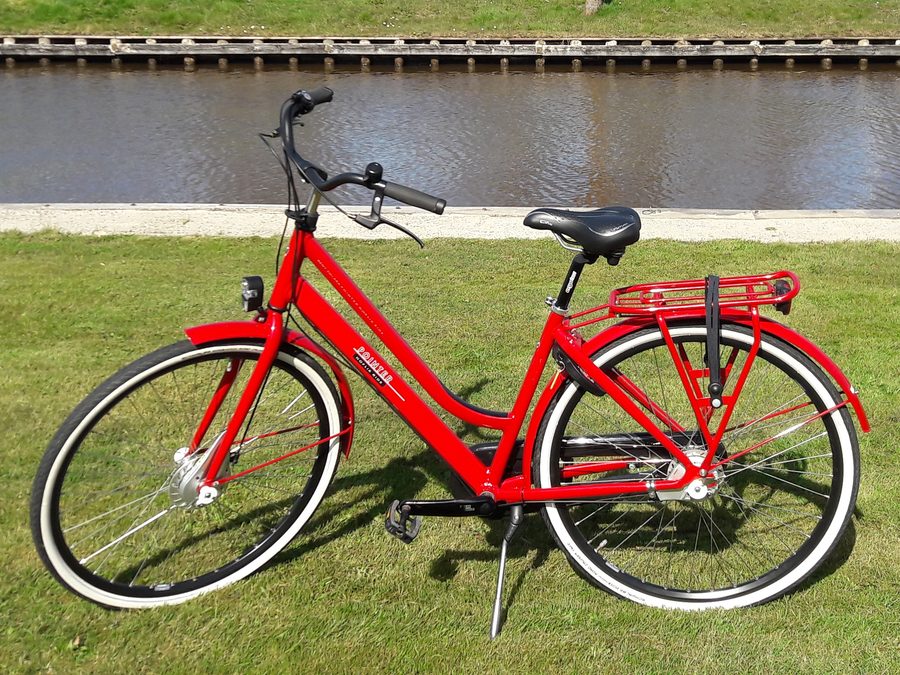 Rotes Mietfahrrad von Arendshorst auf dem Gras am Wasser