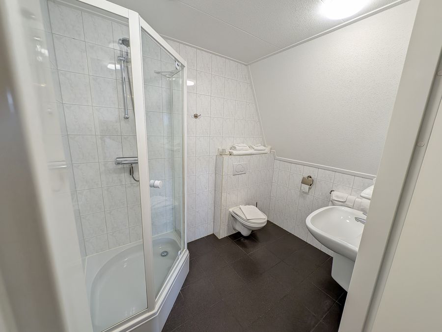 Bathroom of a hotel room at D'Olde Smidse with shower cubicle, toilet and washbasin