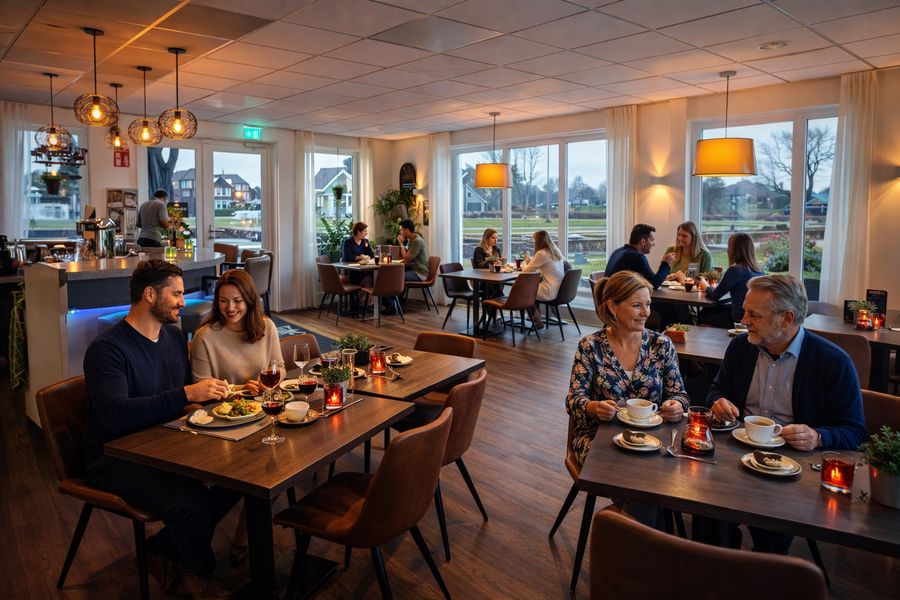Guests having dinner at a table in the restaurant of D'Olde Smidse, with a view through the large windows