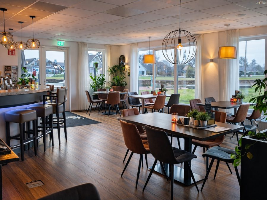 Restaurant and bar of D'Olde Smidse with tables, pendant lamps and large windows