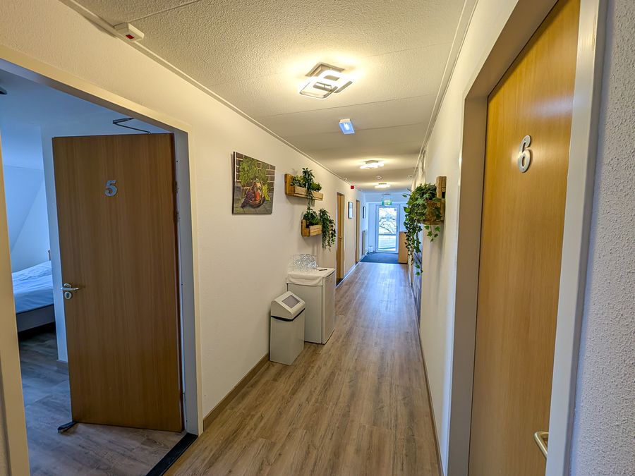 Corridor in the hotel of D'Olde Smidse with room doors, plants and a window at the end