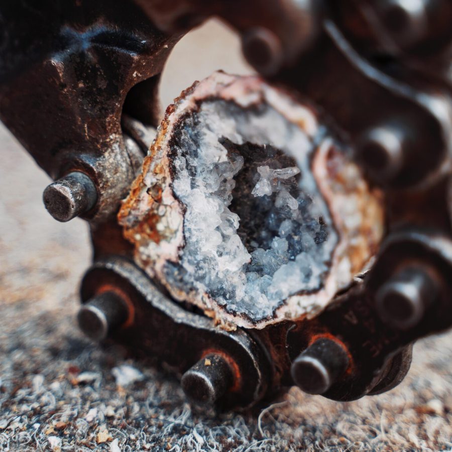 Eine Geode wird mit einer Knackzange aufgebrochen und zeigt die Kristalle im Inneren