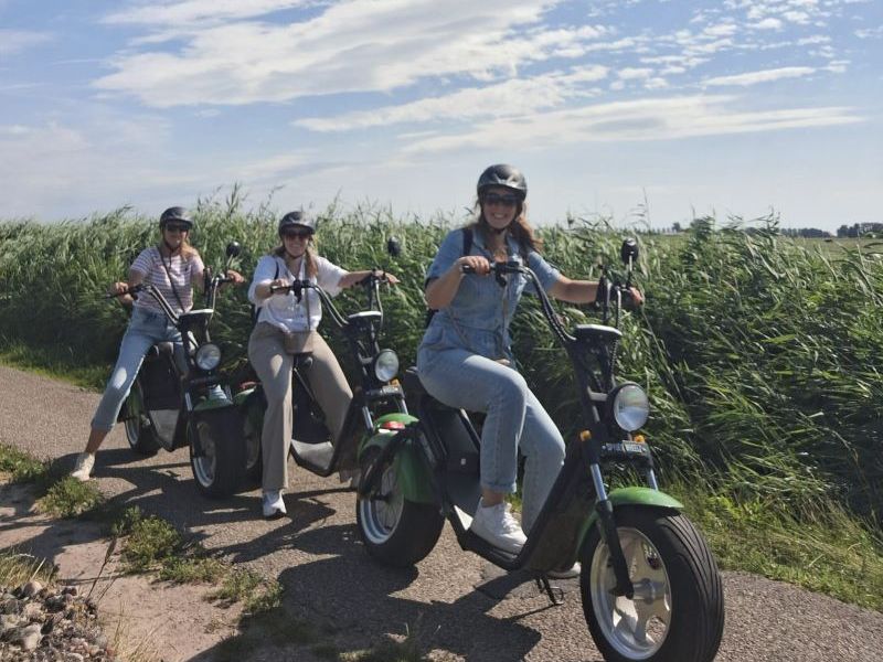 Three people on electric choppers on a small road beside the reeds