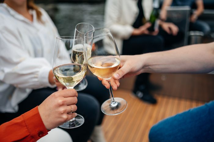 Guests toasting with a glass of wine on board a De Grachthof boat