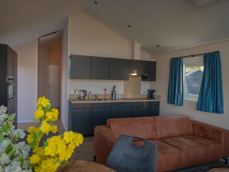 Living room with brown sofa and open kitchen in a chalet at Waterpark Giethoorn