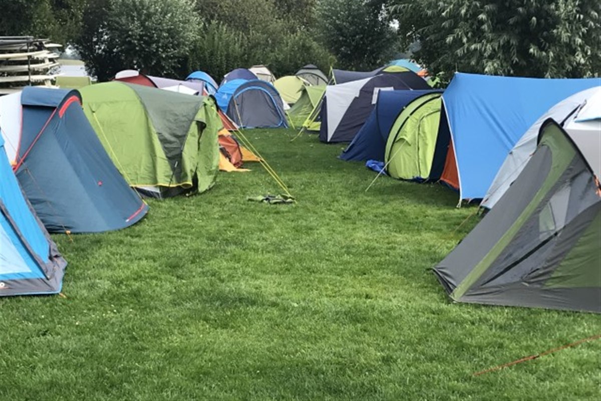 Tents on the grass field of Camping D'Hof by the water